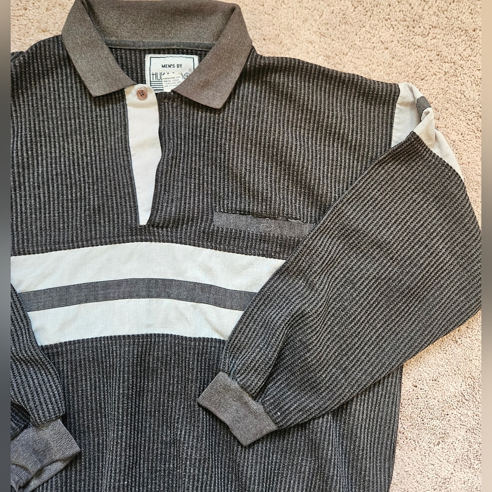 Vintage Huk A Poo Henley Pocket Waffle Knit Sweater Pullover Mens 2 XL Grey/Whit